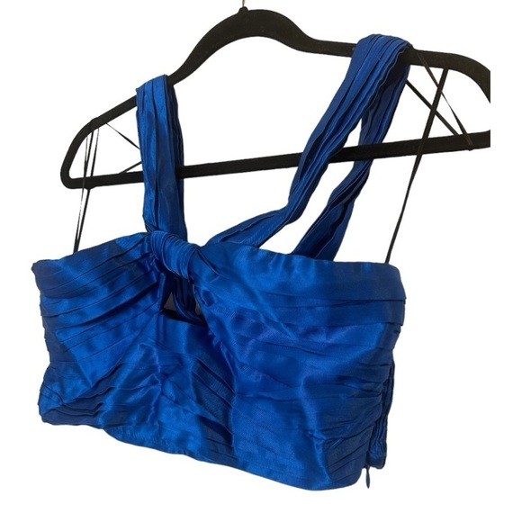 4/$20 Zara pleated cropped key hole knot blouse metallic royal blue- BNWT - Picture 4 of 8